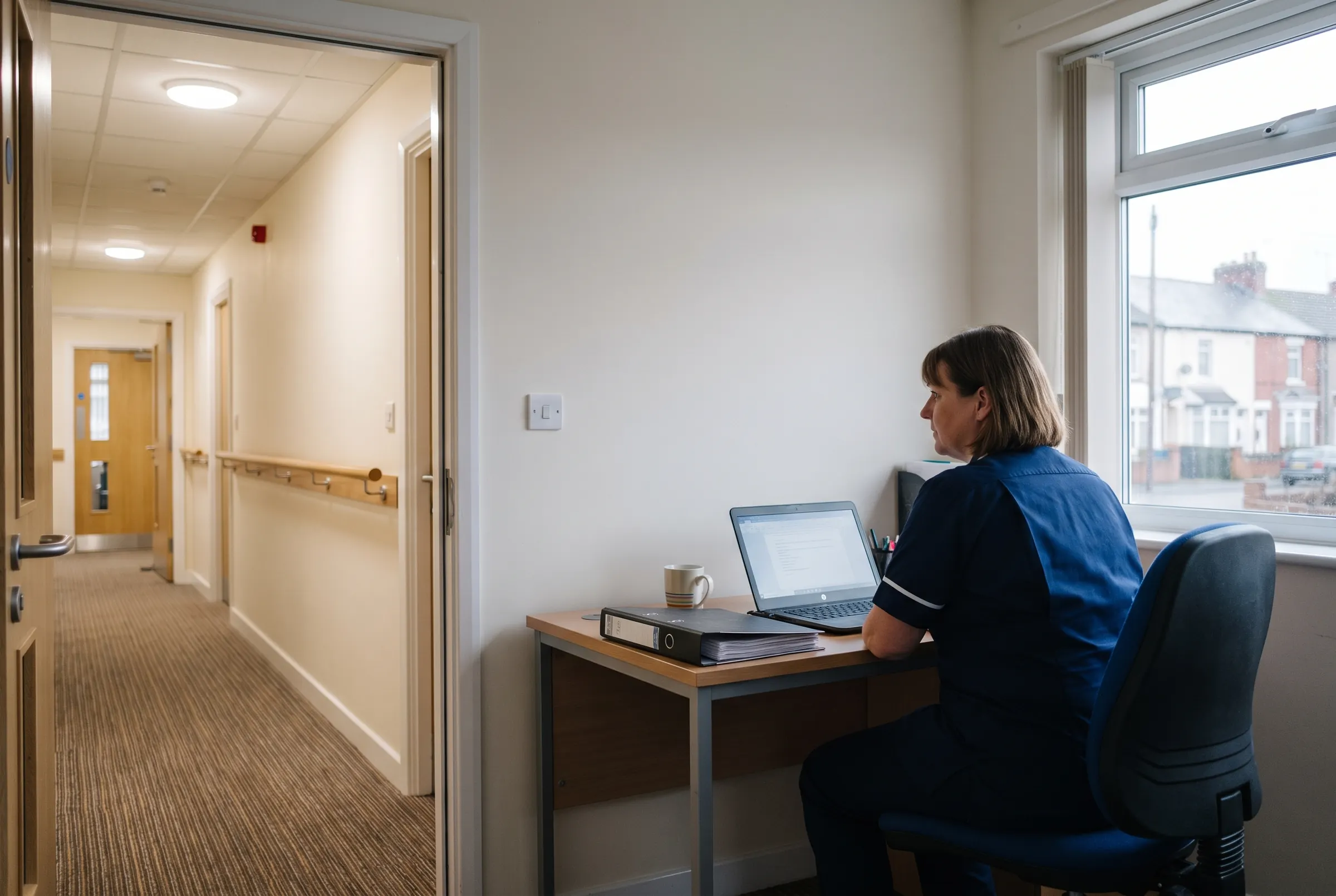 A care home manager in a dark blue tunic at a small office desk by a window, working on a laptop with a ring binder beside her, and an empty carpeted corridor with a handrail seen through the open door