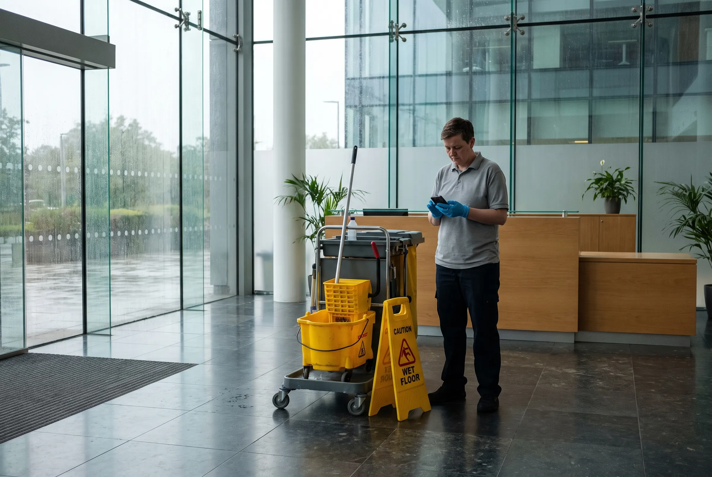 A cleaning supervisor in a grey polo shirt and blue disposable gloves looking at a phone beside a janitorial trolley, a yellow mop bucket and a wet floor sign in the glass-fronted reception of an office building