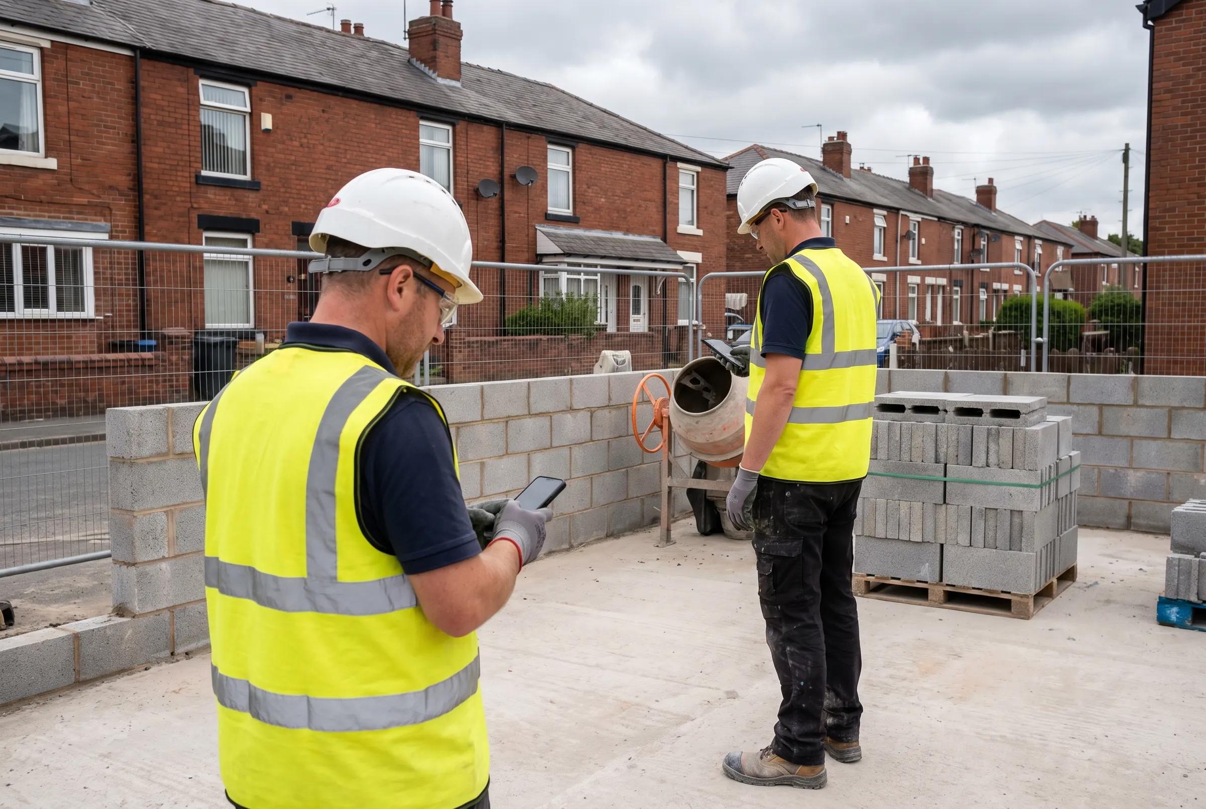 Two builders in hi-vis vests, hard hats and safety glasses, each looking at a phone, on a house-extension site with waist-high blockwork, a cement mixer and pallets of blocks