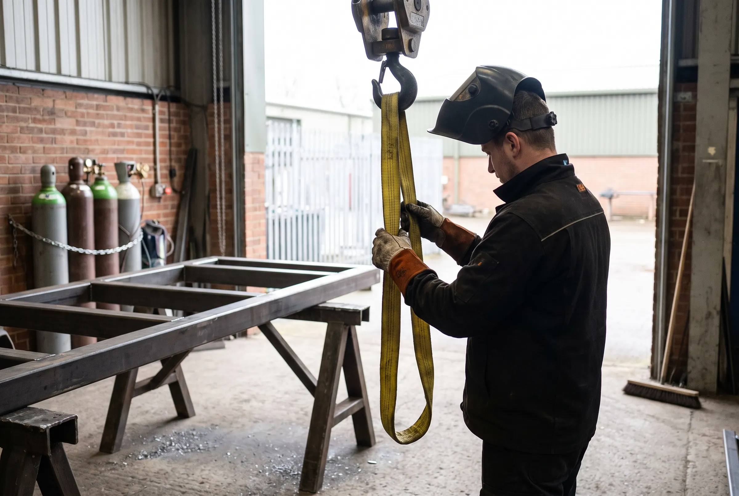 A fabricator in a dark work jacket and gauntlets, welding helmet flipped up, running a yellow lifting sling through his hands as it hangs from an overhead crane hook, beside a welded steel frame on trestles and gas cylinders chained to the wall