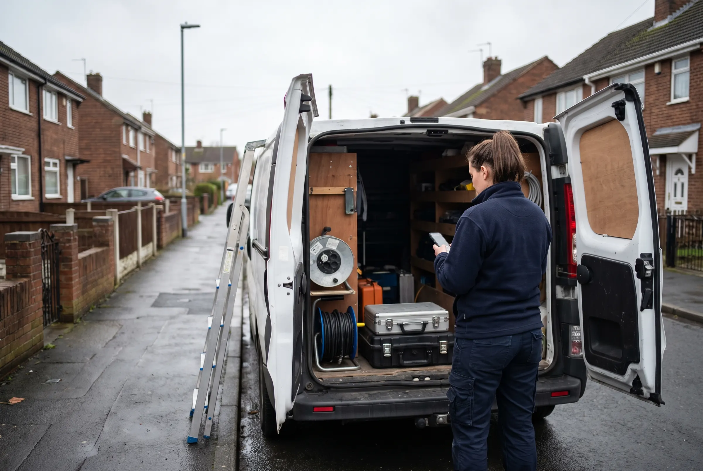 An electrician in a dark fleece and work trousers standing at the open back doors of a white van on a residential street, looking at her phone, with cable reels and tool cases racked inside and a stepladder leaning against the van