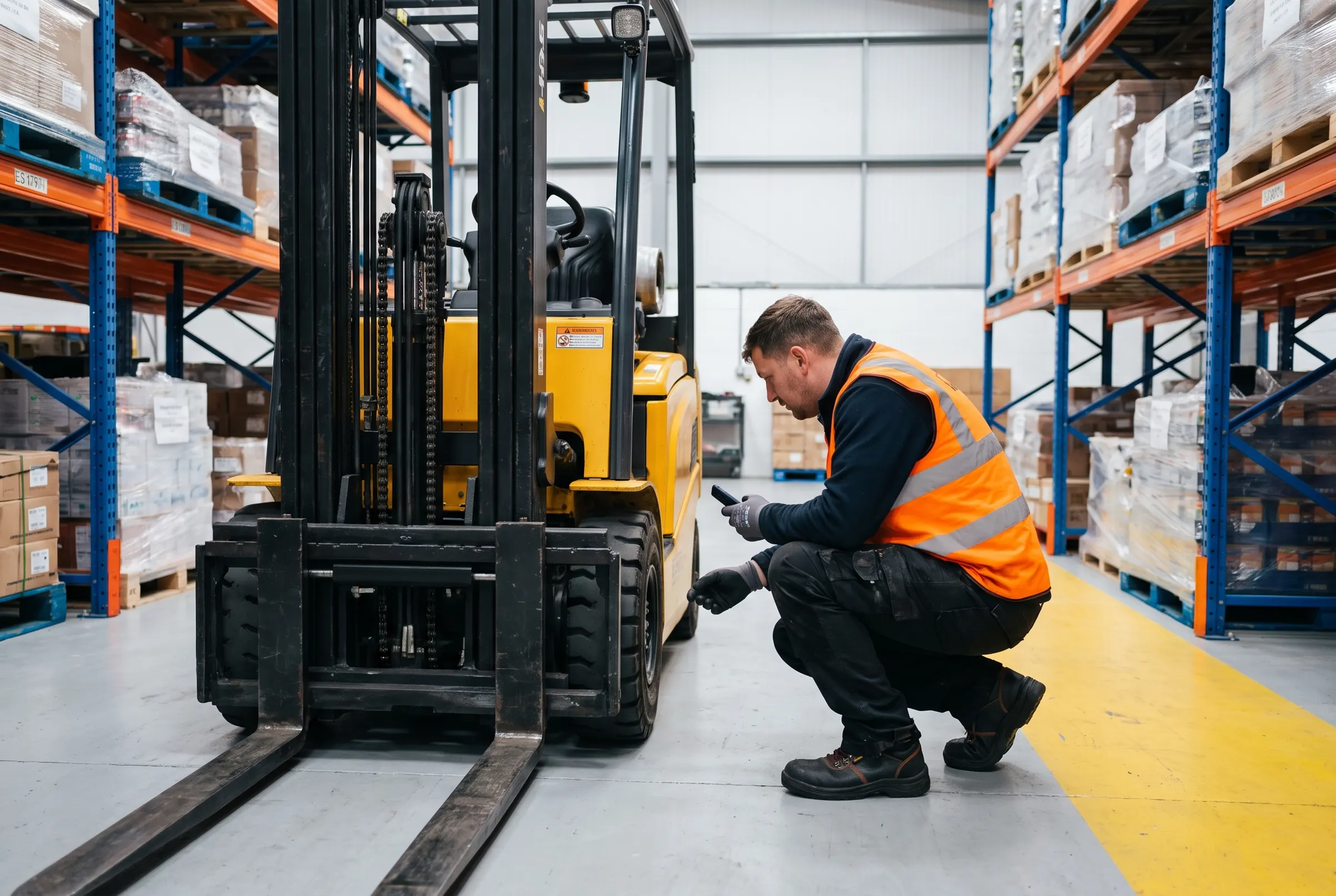 A forklift operator in an orange hi-vis vest crouching beside a parked counterbalance truck to check a front tyre, phone in hand, in a small warehouse with pallet racking and a yellow painted walkway