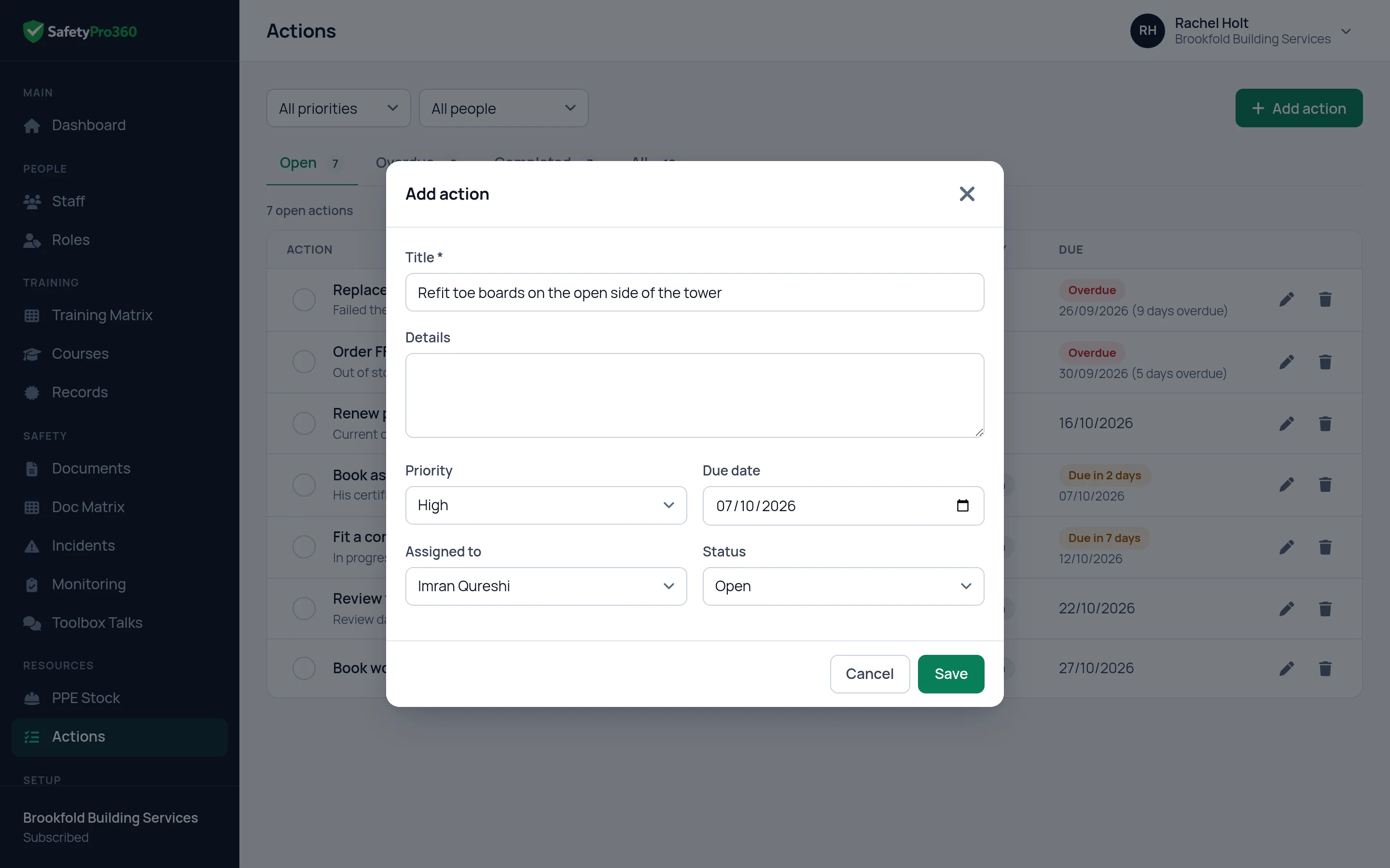 The Add action form in SafetyPro360, with a title, details, a priority, a due date, the person it is assigned to and a status