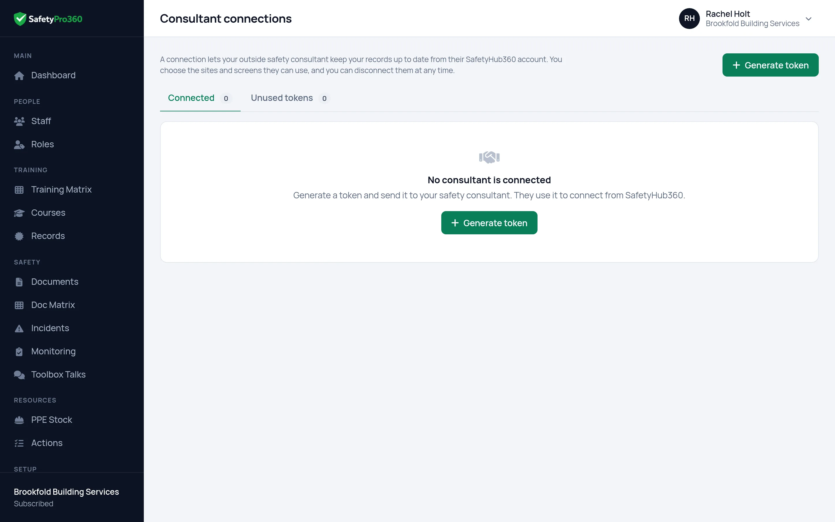 The Consultant connections screen in a SafetyPro360 account, where a business sees the consultant connected to it and what they can use