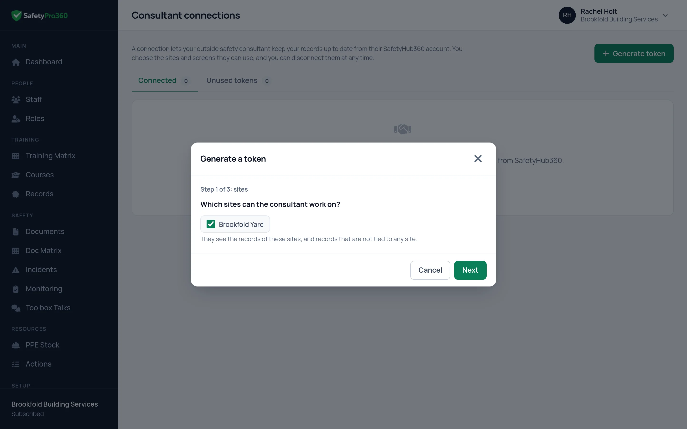 The Generate a token box in SafetyPro360, where a business chooses what a consultant can work on