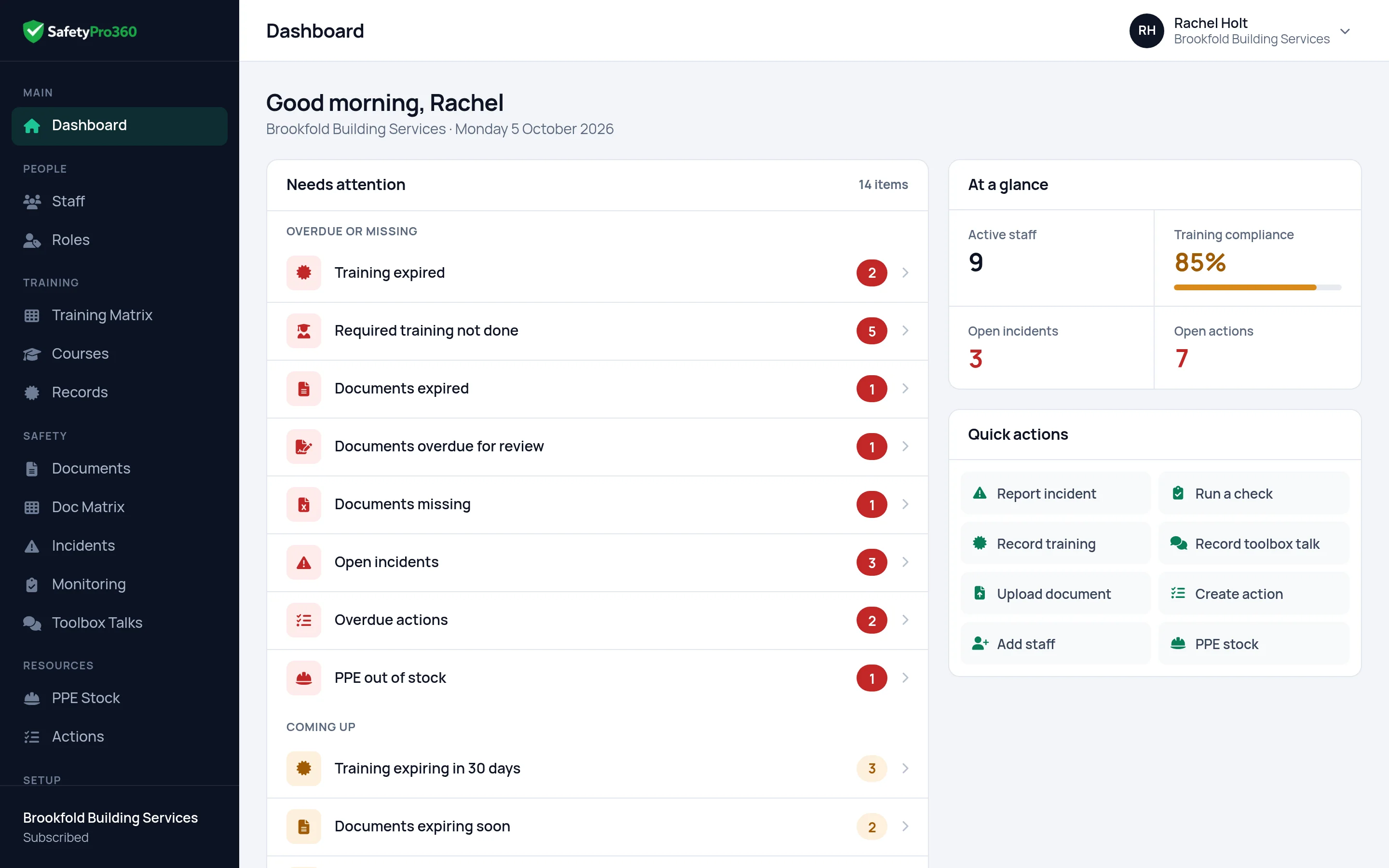 The SafetyPro360 dashboard: a list of what needs attention, with overdue training, missing documents and overdue actions at the top