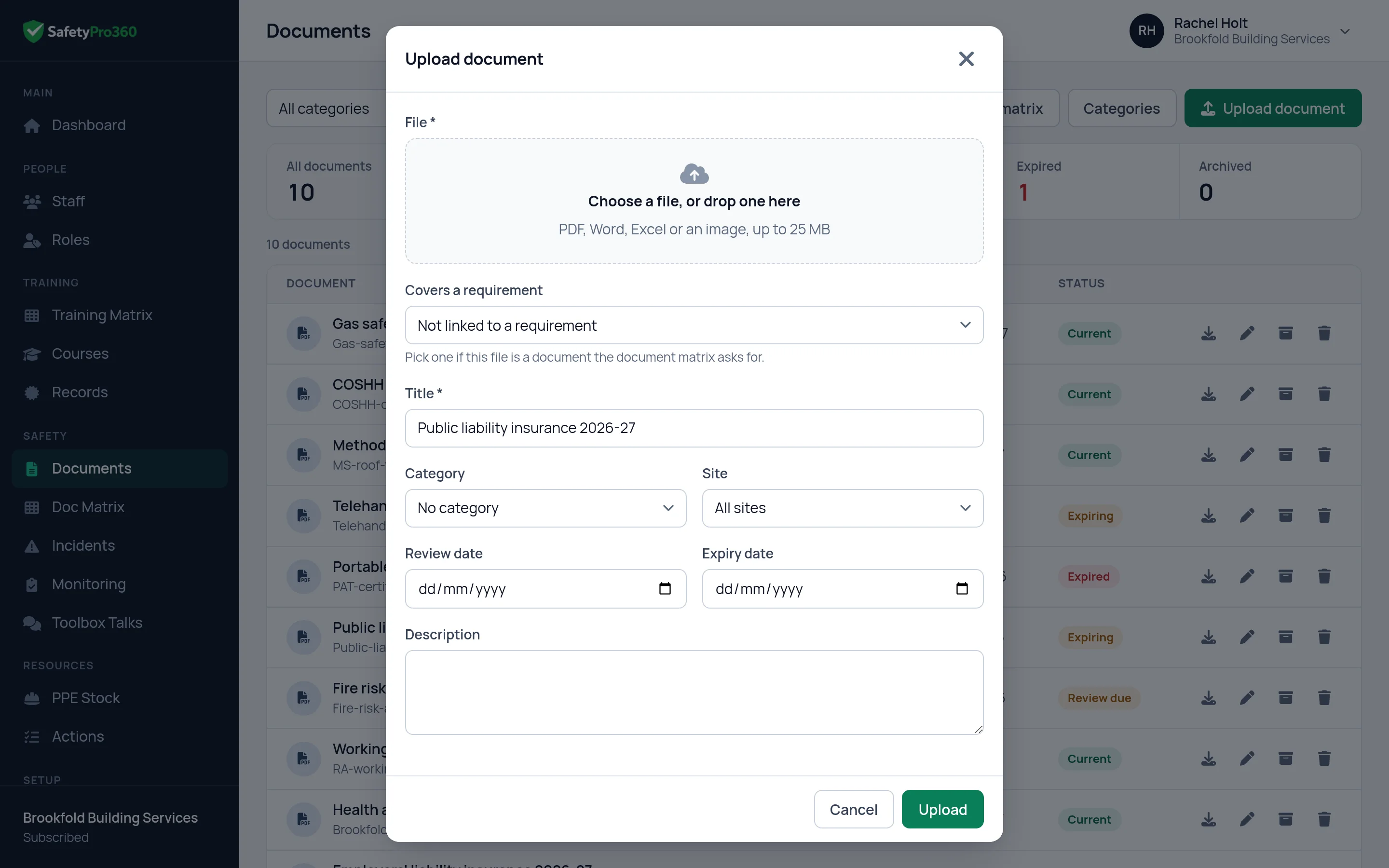 The Upload document form in SafetyPro360, with the file, a title, a category, a review date and an expiry date