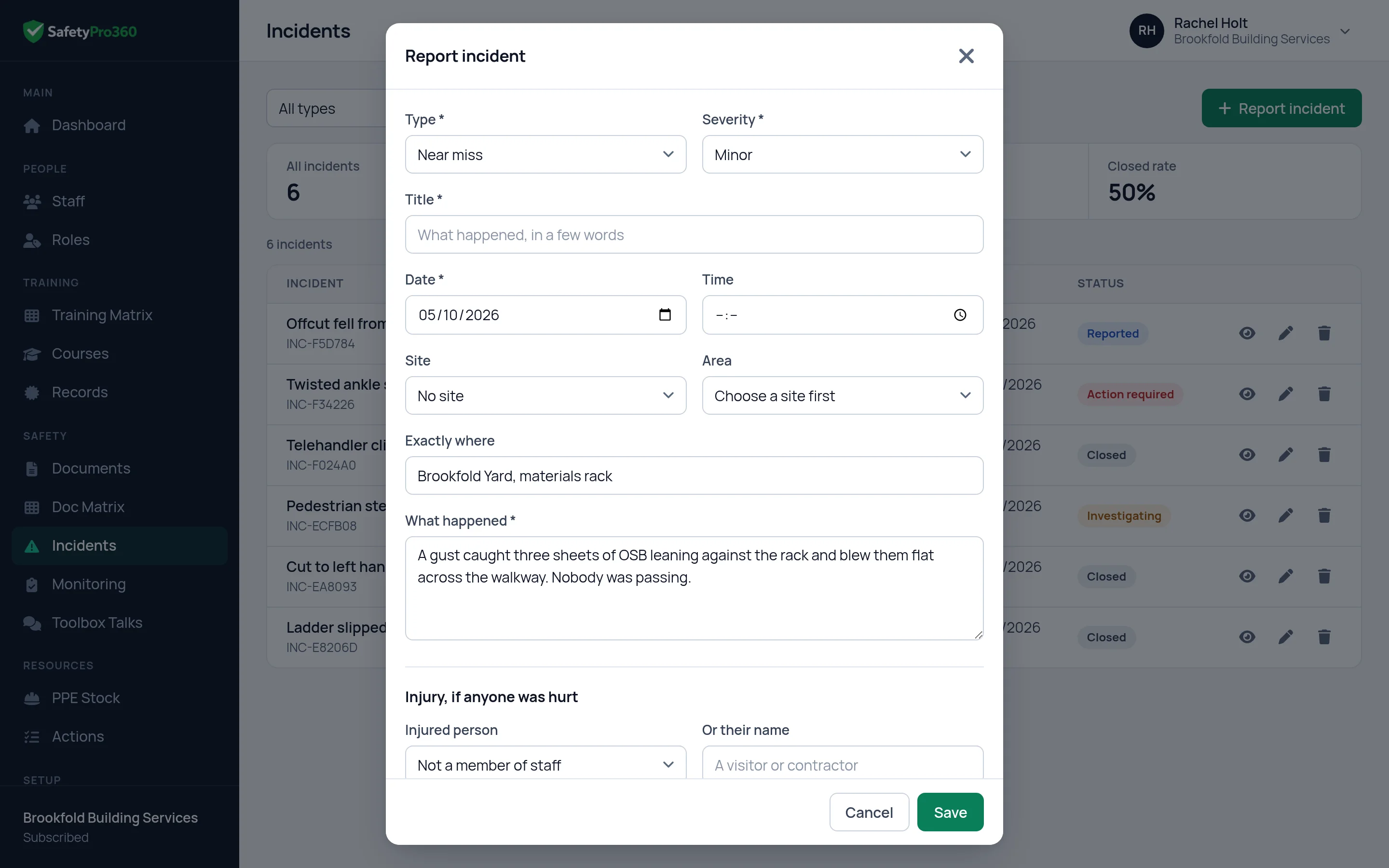 The Report incident form in SafetyPro360, starting with the type, severity, title, date and time of the incident