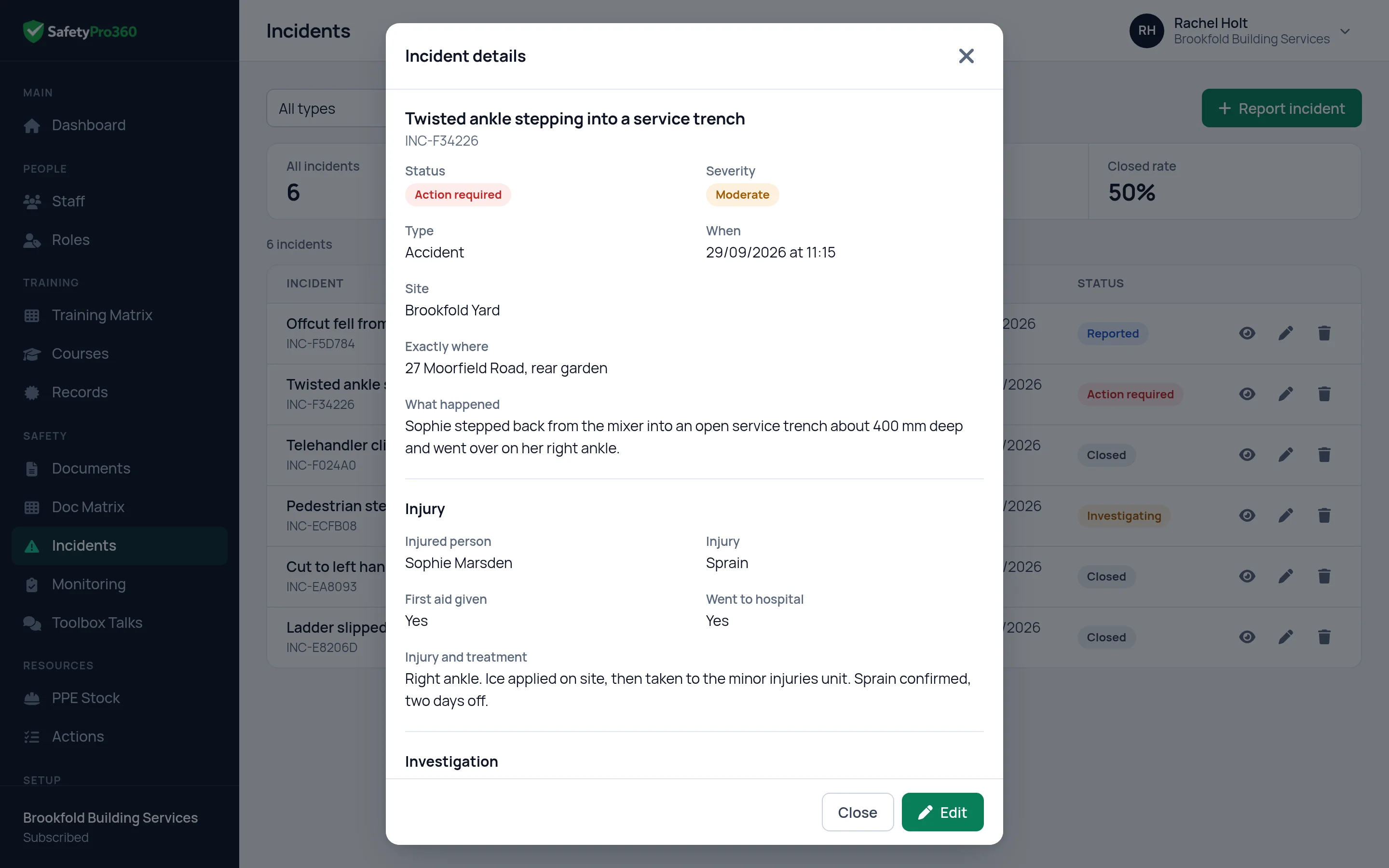 An incident report opened to read in SafetyPro360, showing its status, severity, type, when and where it happened and what happened