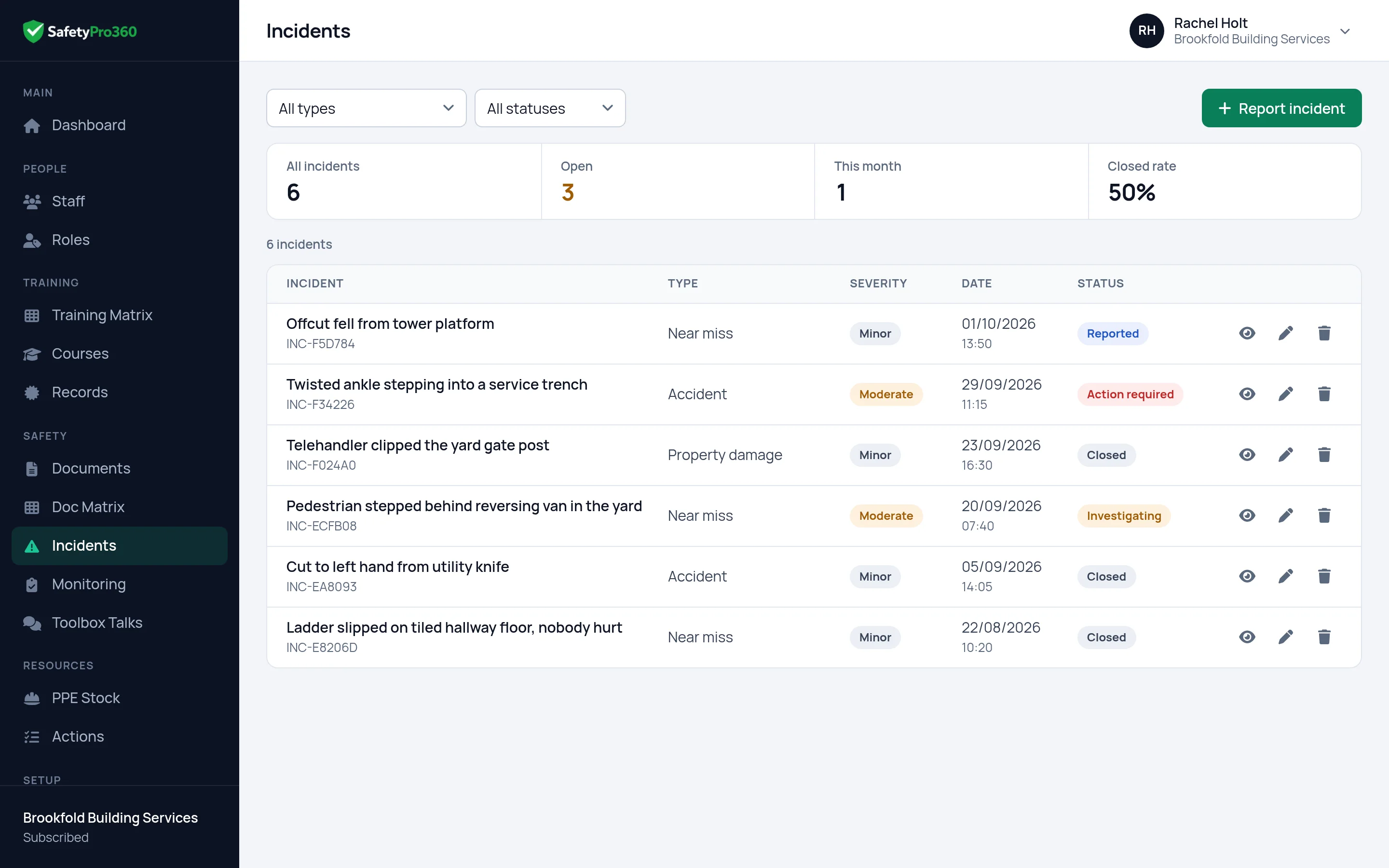 The incident list in SafetyPro360 with each report's reference, type, severity, date and status