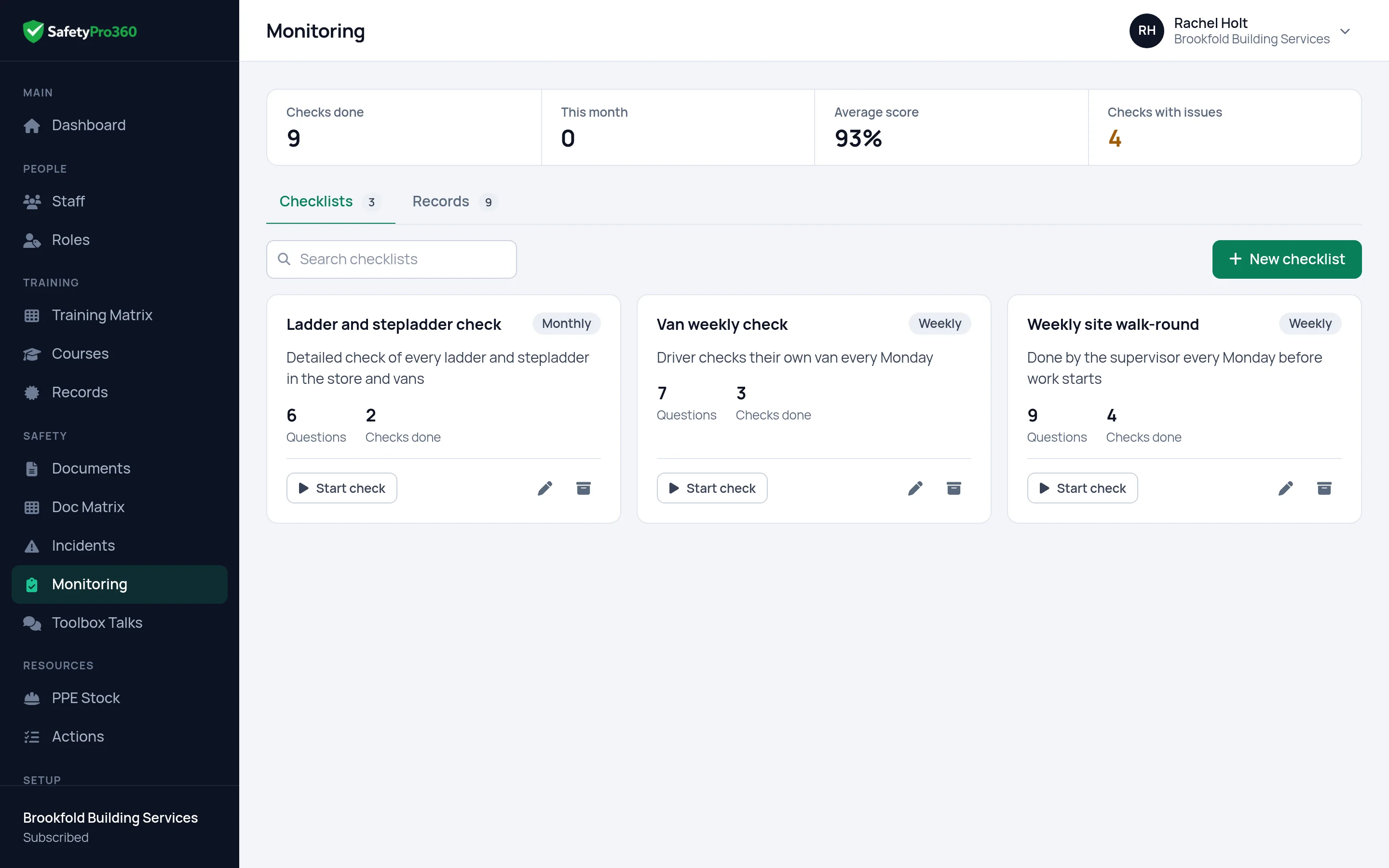 Checklists in SafetyPro360: each card shows the checklist name, how often it is done, the number of questions and a start check button