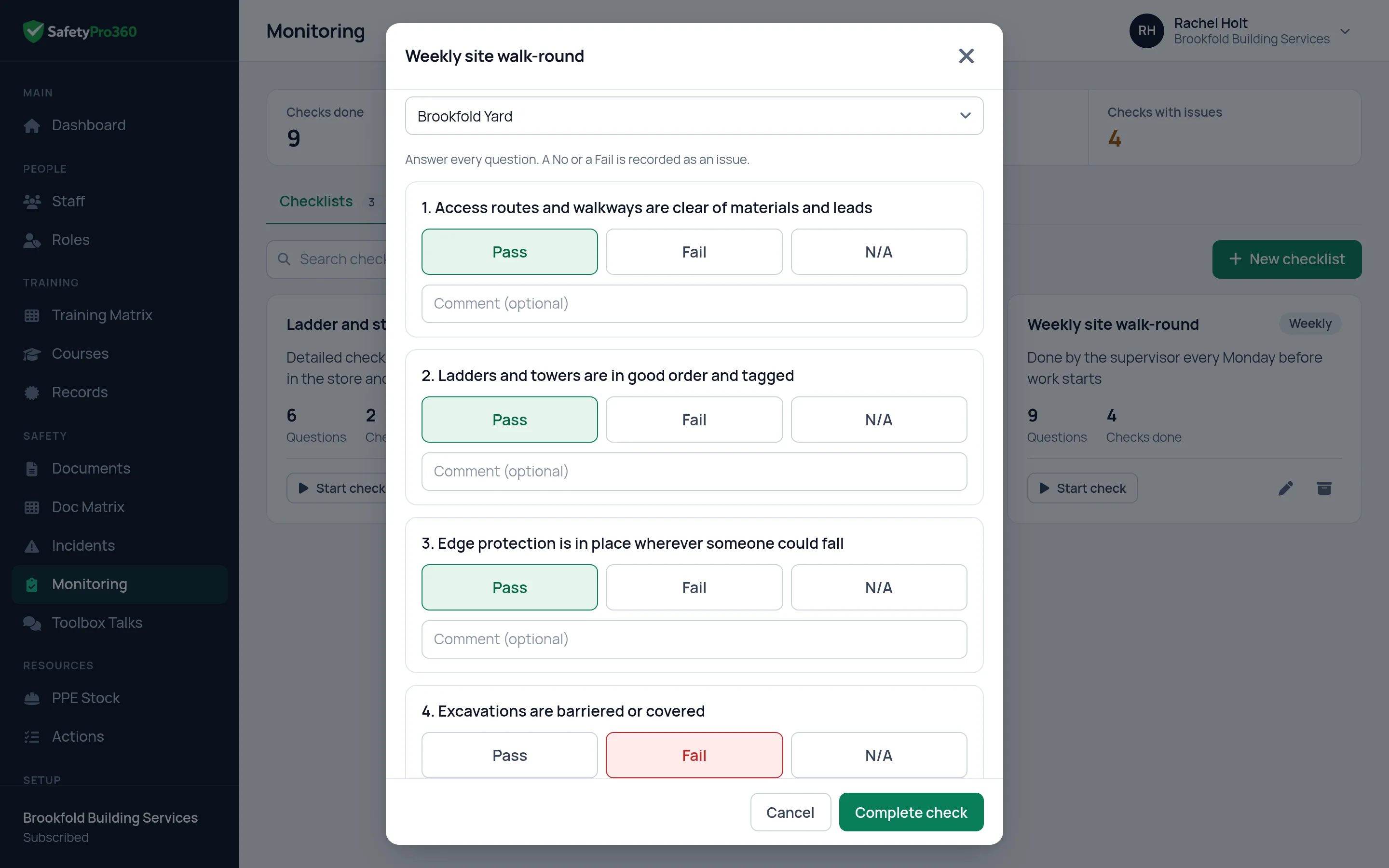 A check being filled in on SafetyPro360, each question with its answer buttons and a box for a comment