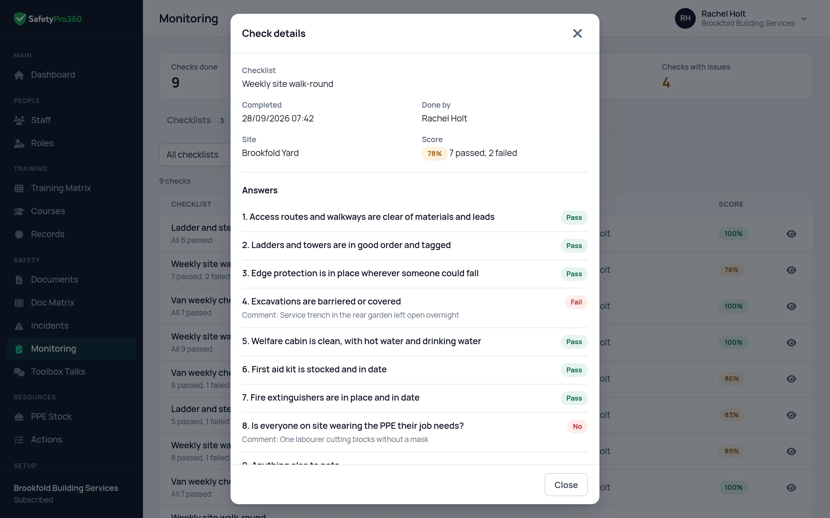 A completed check opened in SafetyPro360, showing when it was done, who did it, the score and the answer to each question
