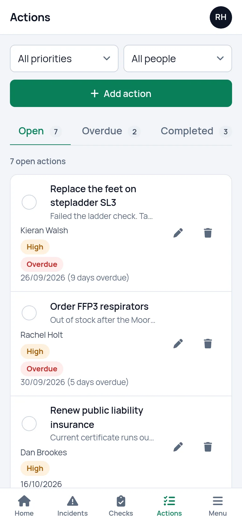 The actions list in SafetyPro360 on a phone