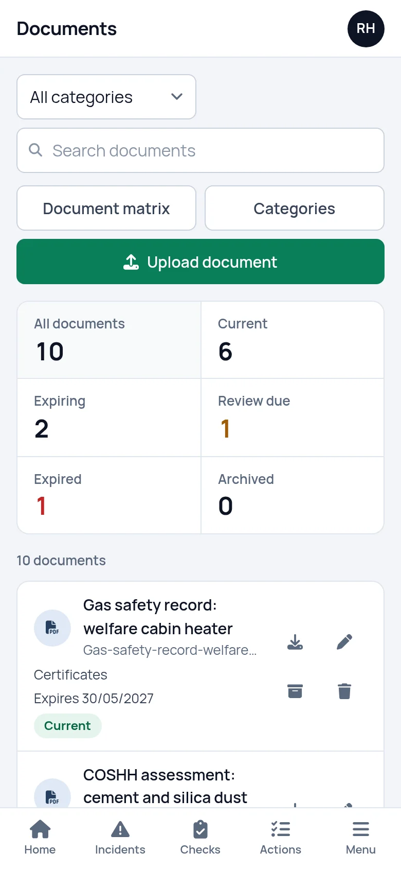 The document register in SafetyPro360 on a phone
