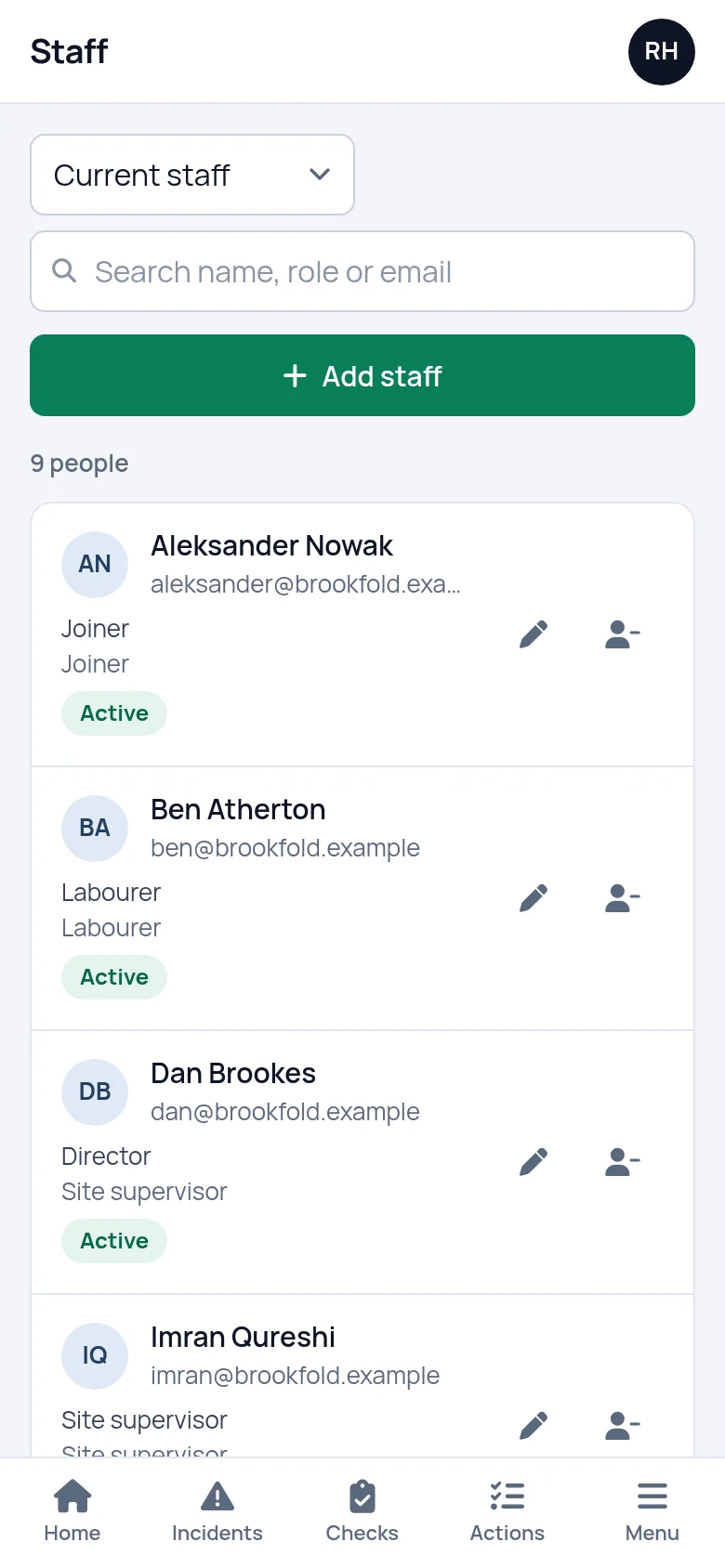 The staff list in SafetyPro360 on a phone, each person shown as a card with their job title, roles and status