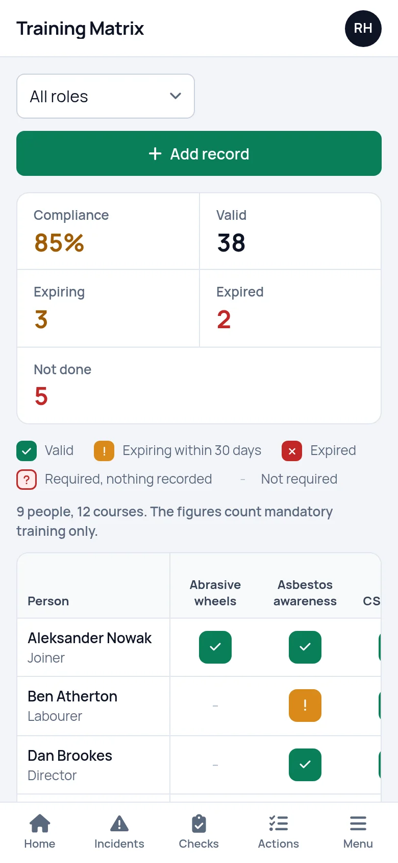 The training matrix on a phone, with the names fixed on the left and the courses scrolling sideways