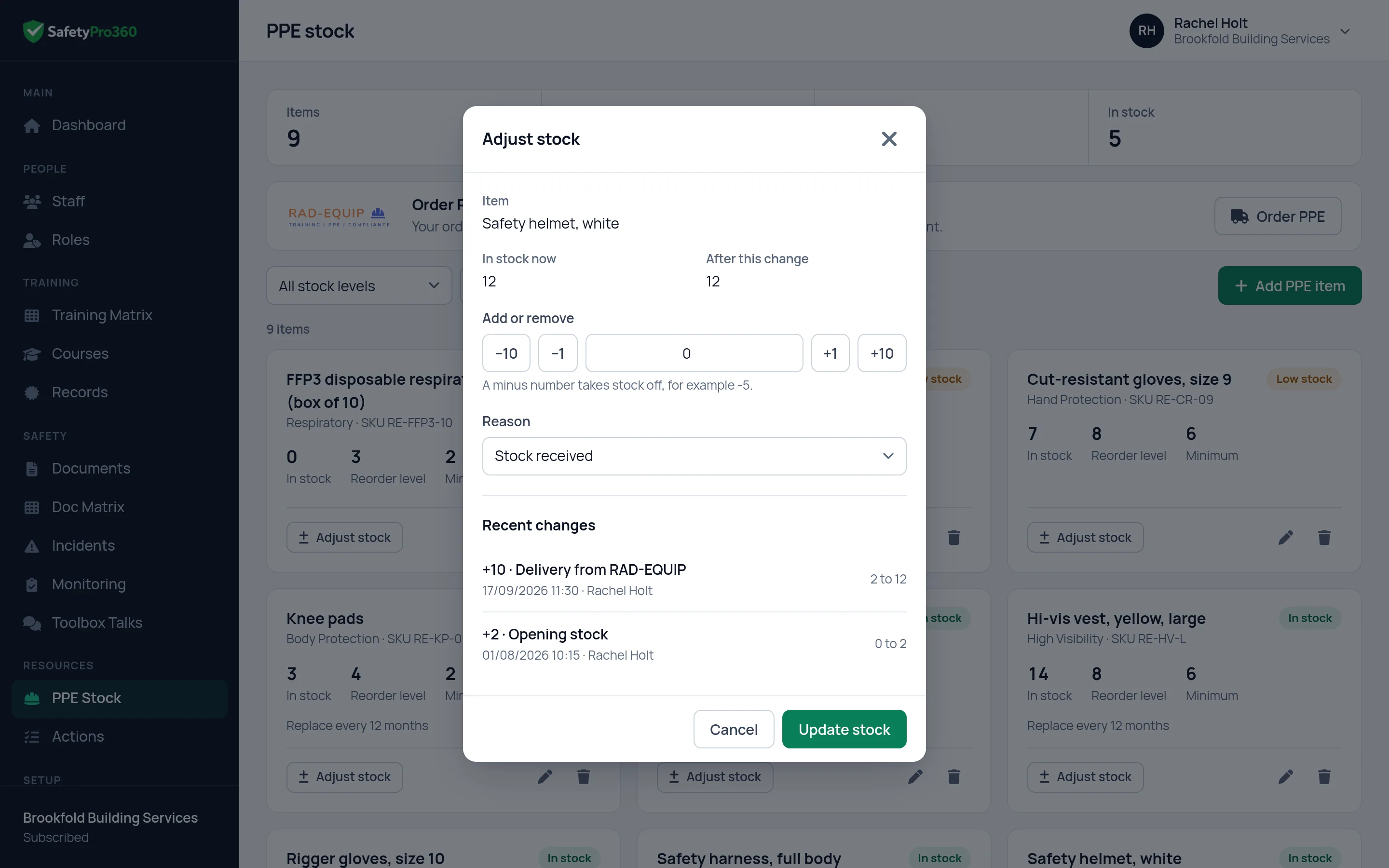 The Adjust stock box in SafetyPro360, with the count now, the count after the change, a reason and the recent changes to the item