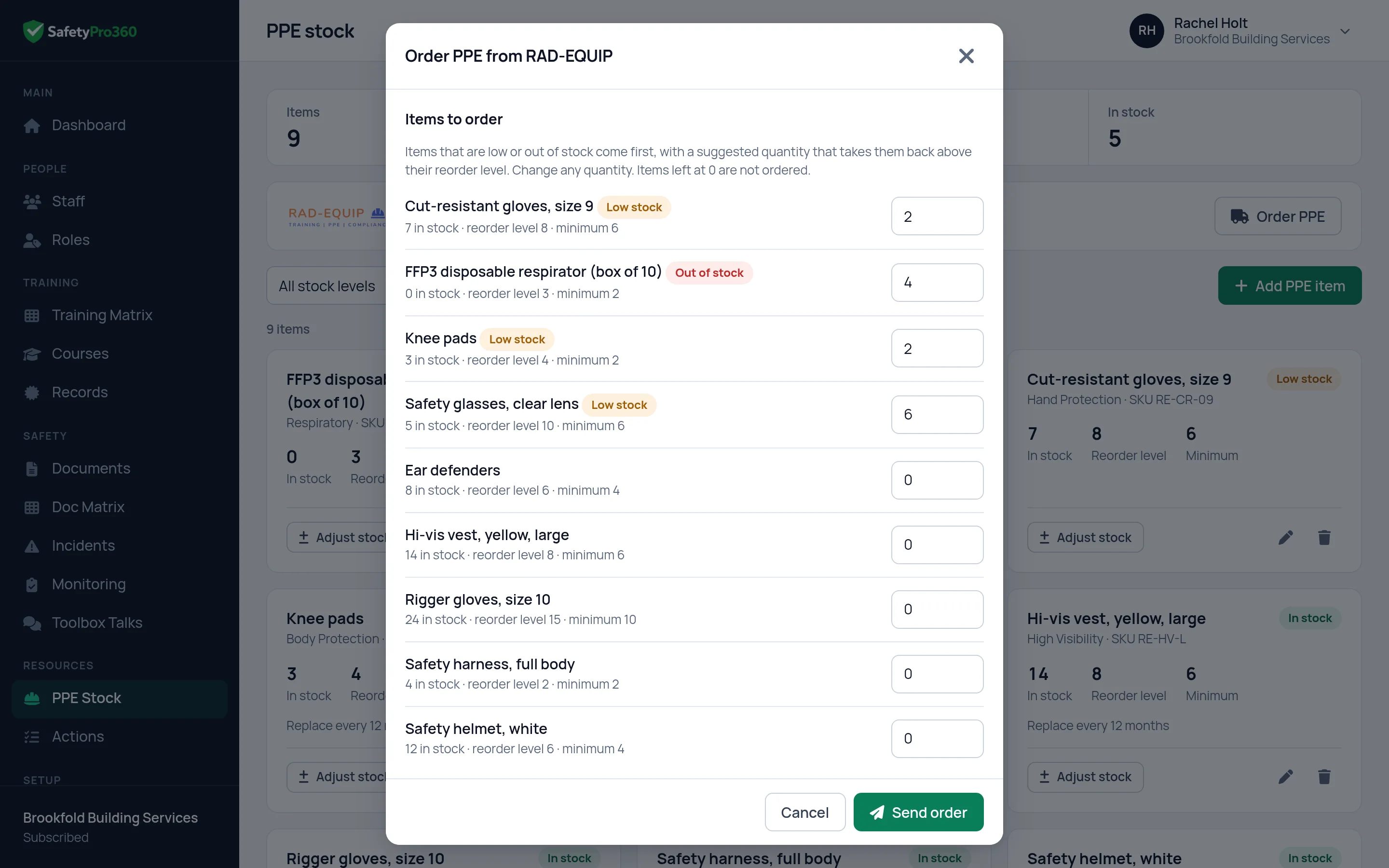 The Order PPE form in SafetyPro360, listing PPE items with a quantity to order against each