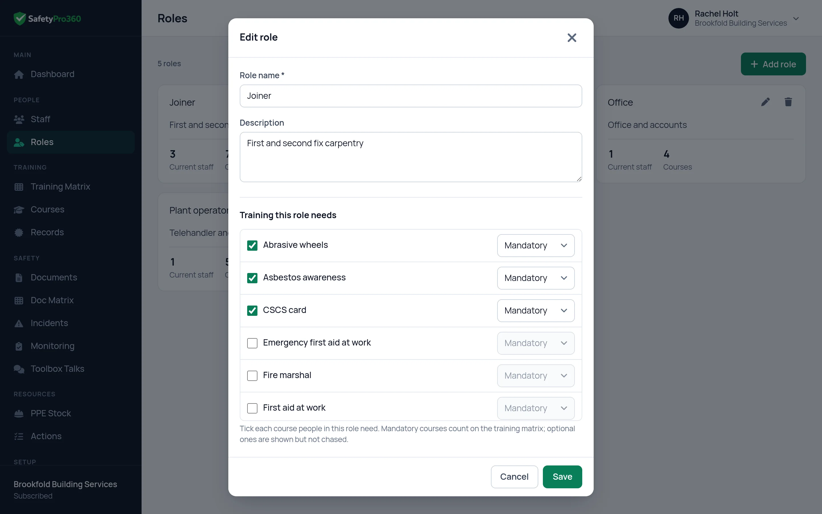 Editing a role in SafetyPro360: a list of courses with a tick box beside each and a choice of mandatory or optional