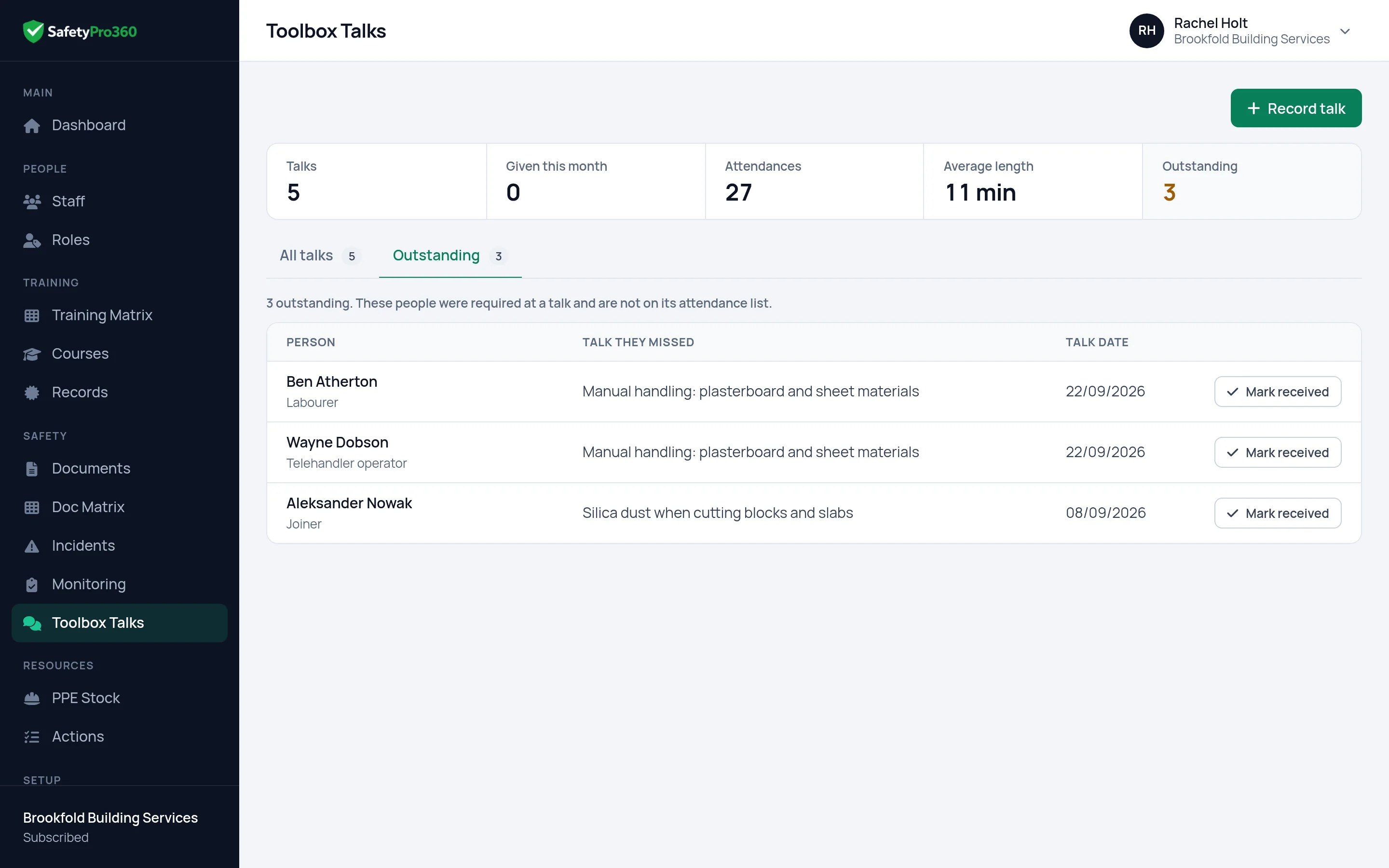 The Outstanding tab of toolbox talks in SafetyPro360: each person who missed a talk, the talk and its date, with a Mark received button