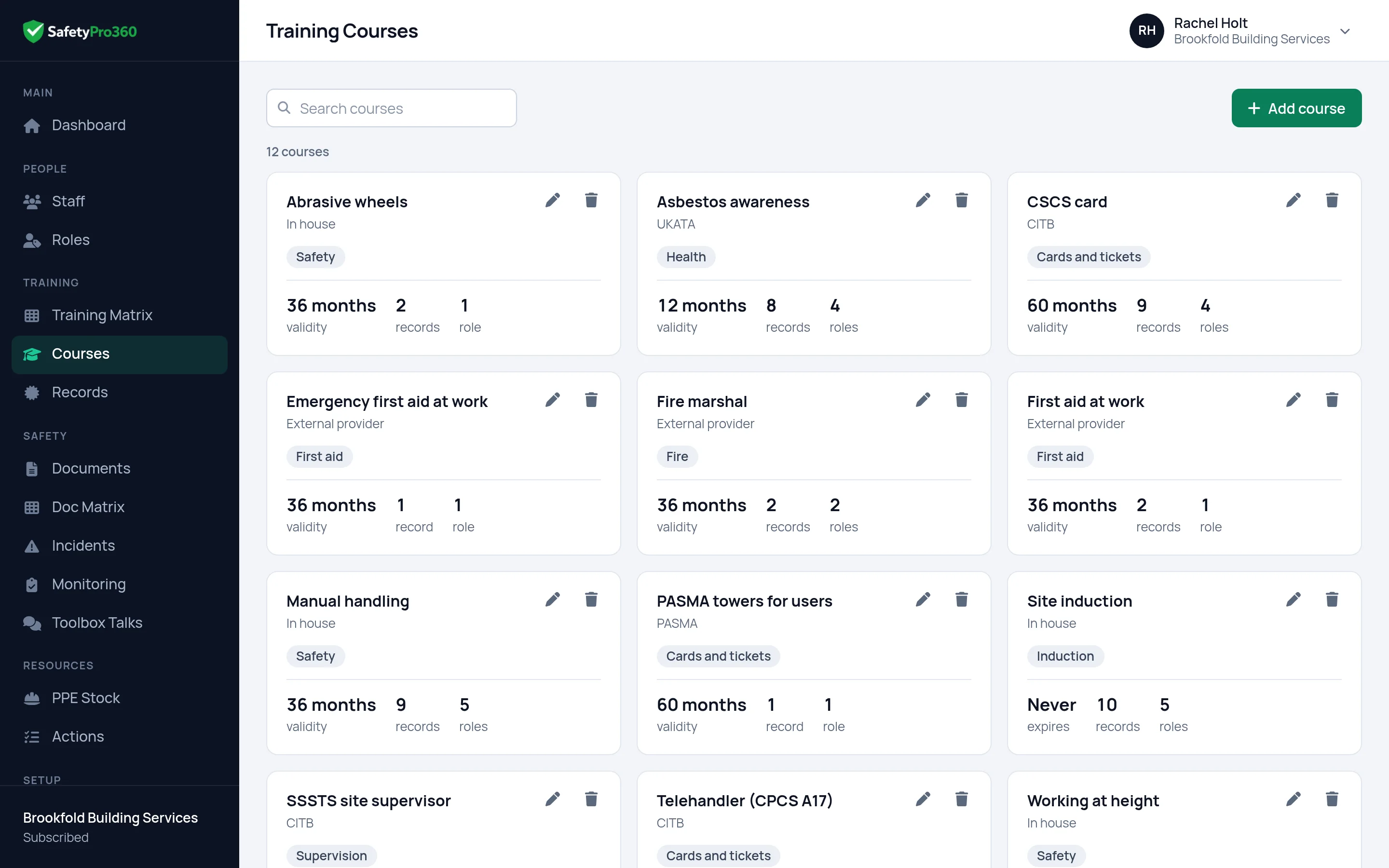 The list of training courses in SafetyPro360, each showing its provider, its category, how many months it is valid for, and how many records and roles use it
