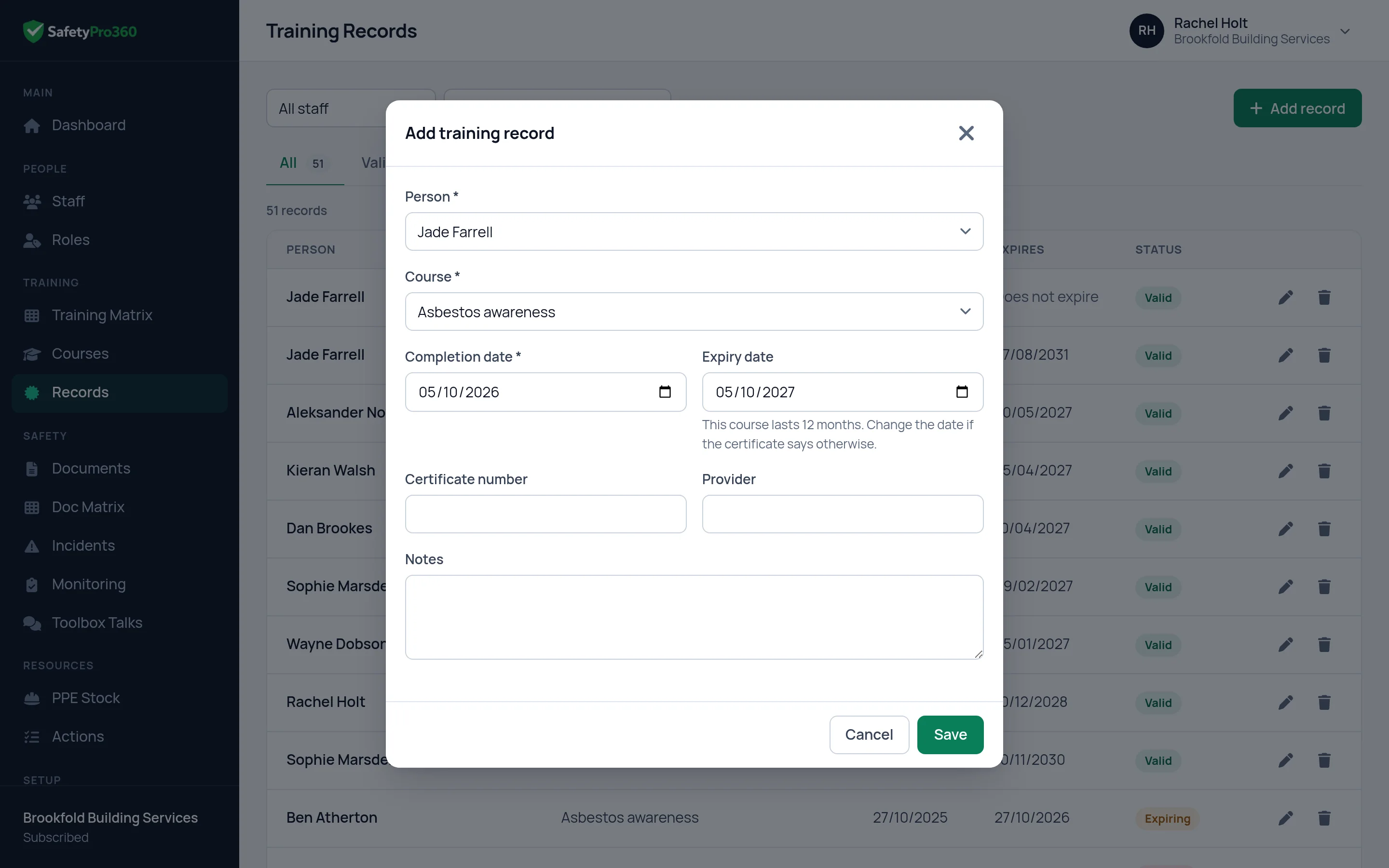 The form for adding a training record in SafetyPro360, with the person, the course, the completion date, the expiry date, the certificate number, the provider and notes